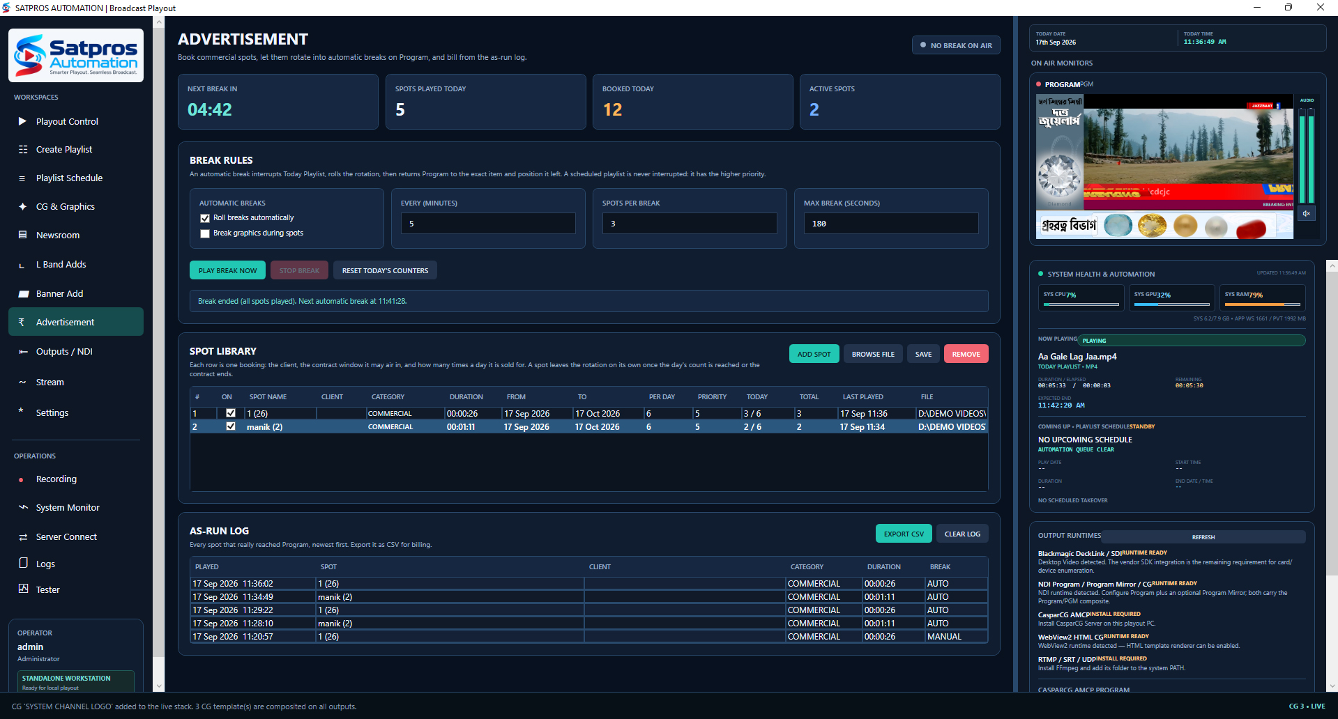 Satpros playout dashboard preview 4